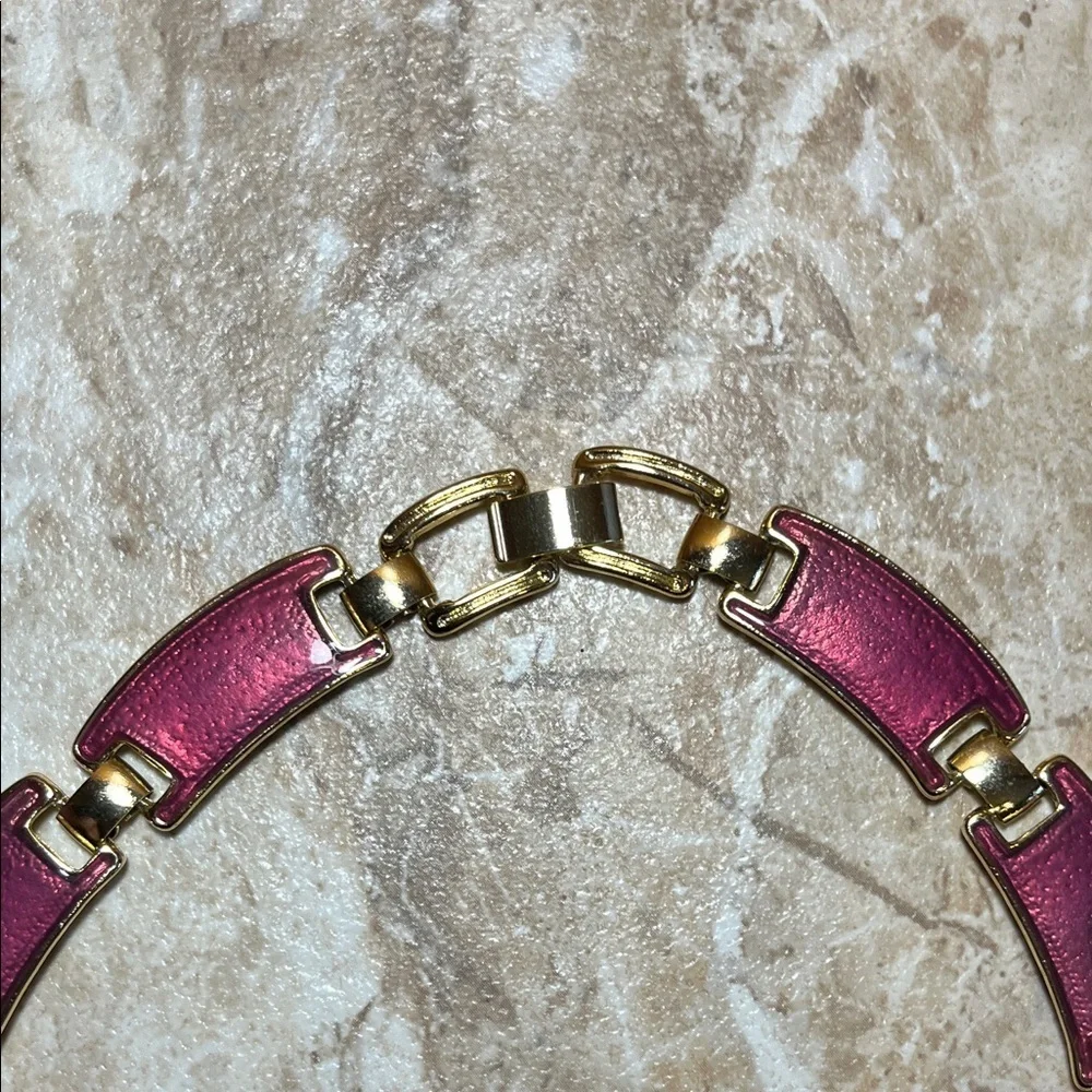 Vintage Art Deco Pink Enamel and Gold Colored Linked Necklace